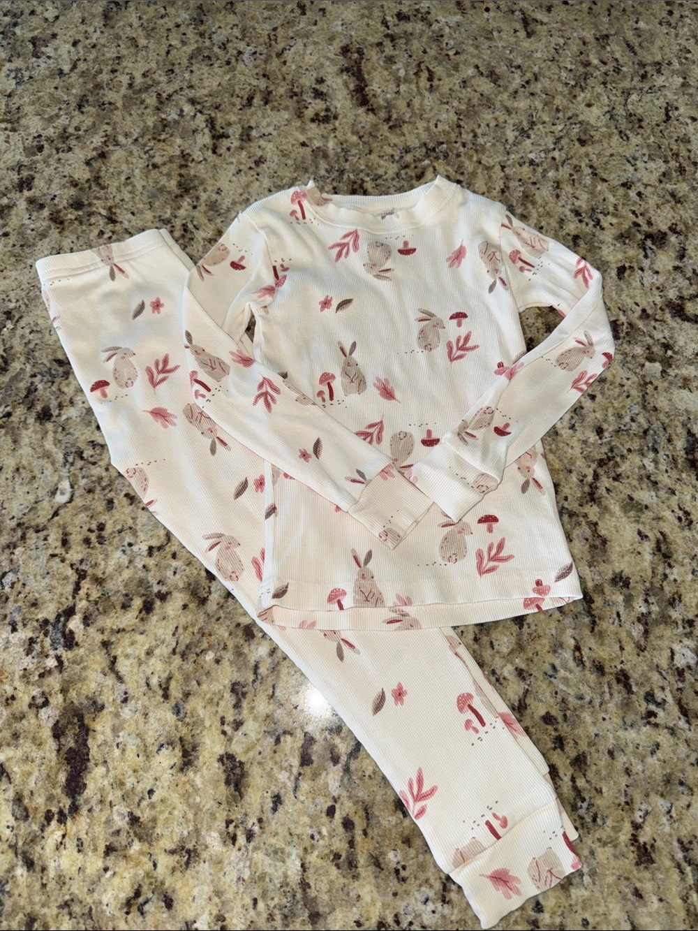 NWOT Cream Kids Pajama Set with Pink Bunny & Mushroom Print